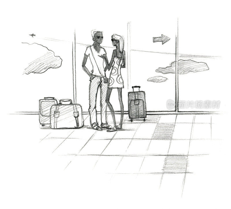 机场等候室。那个女孩和那个男人正站在箱子旁边。用石板笔画画。孤立在白色背景上。