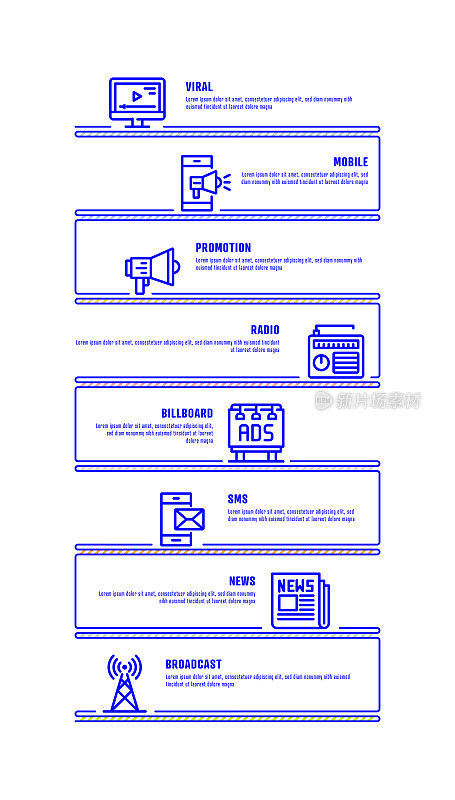 信息图表设计模板。病毒式传播，手机，广播，公告牌，短信，新闻，广播图标8个选项或步骤。