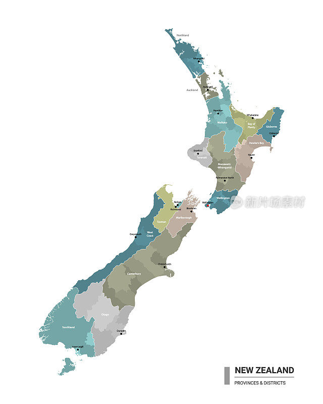 新西兰高详细地图与细分。新西兰行政地图与地区和城市的名称，颜色由州和行政区域。矢量插图。