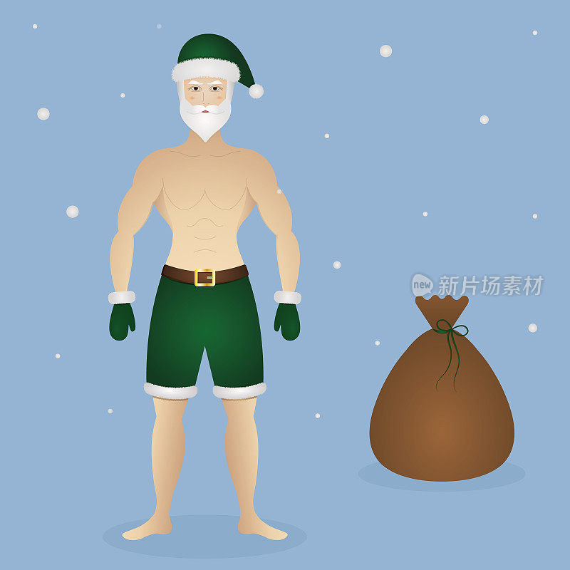 圣诞老人带来了一袋礼物。性感的男人戴着绿色的帽子，短裤和手套。彩色矢量插图。孤立的蓝色背景。雪花正在下降。一个灰白头发，留着胡子，上身赤裸的男人。运动健将，肌肉发达。