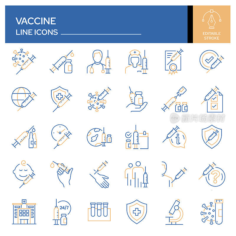 疫苗相关的线条图标集。轮廓符号集合，可编辑的描边