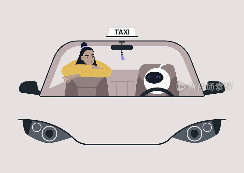 自动驾驶汽车的概念，一个可爱的未来机器人驾驶一辆汽车，后座上坐着一名年轻的亚洲女性乘客