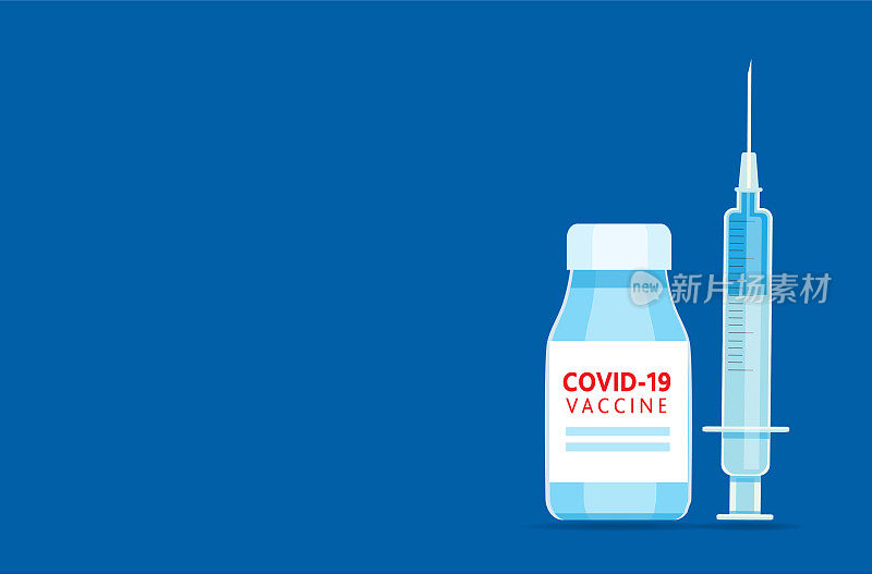 Covid-19流感疫苗注射器和瓶子上的蓝色背景图标