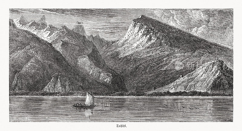 法属波利尼西亚塔希提岛海岸图，木刻，1868年出版