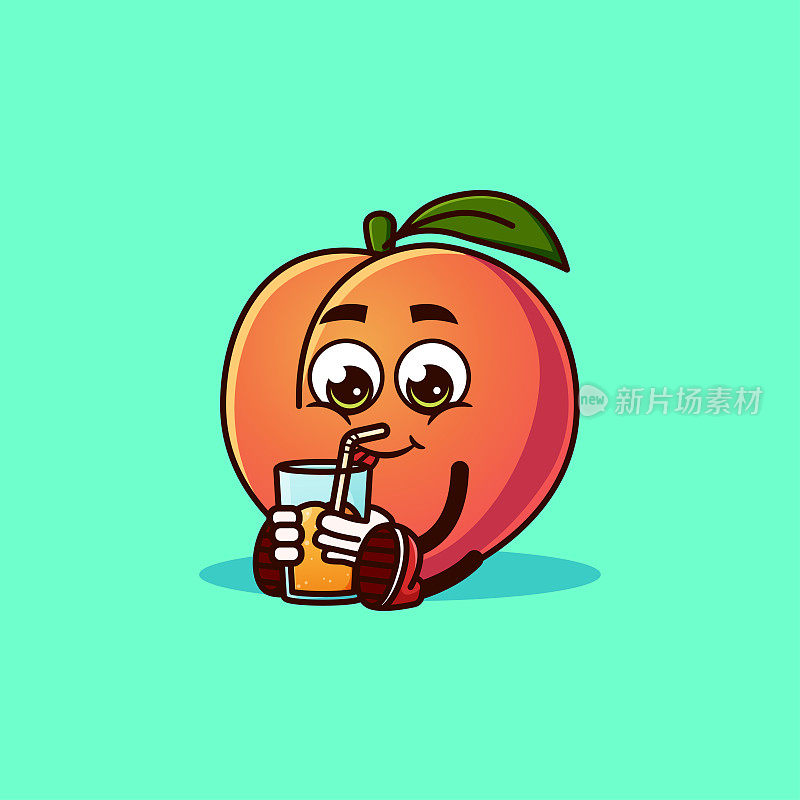 可爱的水蜜桃性格坐在水蜜桃汁。水果人物图标概念孤立。Emoji贴纸。平面卡通风格