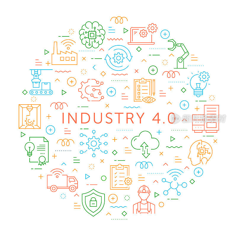 工业4.0的设计元素。带有轮廓图标的图案设计。色彩斑斓的矢量图