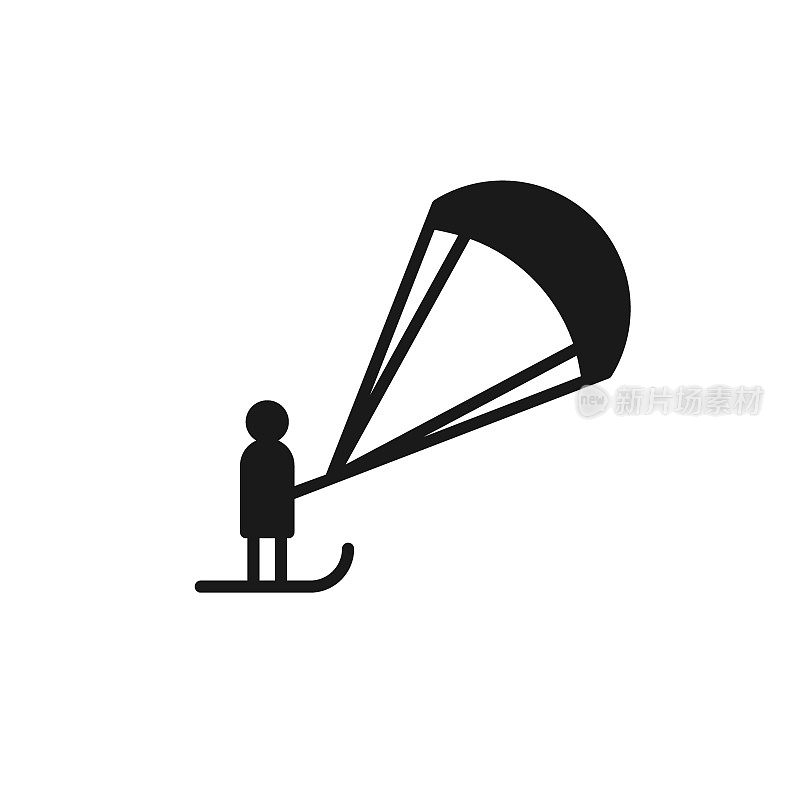 孤立的黑色图标的雪风筝在白色的背景。雪风筝图标的剪影。标志平面设计。冬季极限运动。