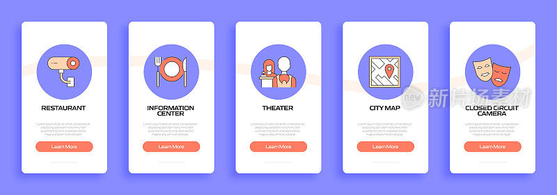 城市生活概念入职移动应用页面屏幕与线图标。UI设计模板矢量插图