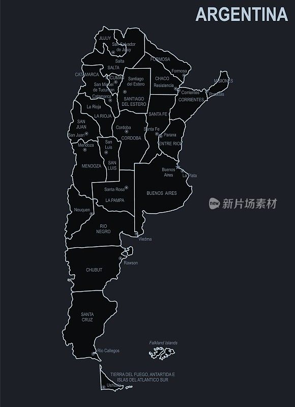 阿根廷的平面地图与城市和地区在一个黑色的背景