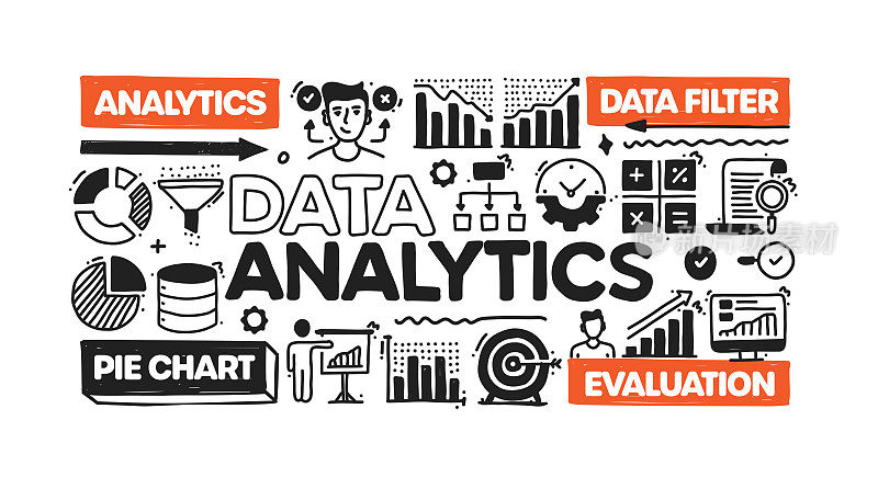 数据分析对象和元素。矢量涂鸦插图收集。手绘图标集或横幅模板