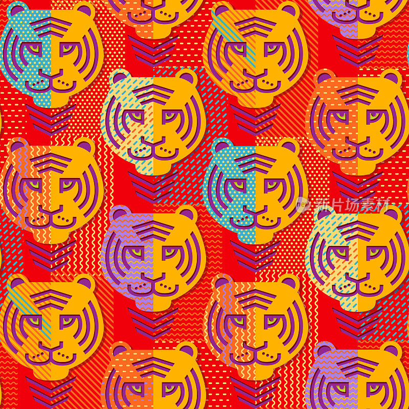 老虎脸在红色背景纸上拼接无缝图案，背景插图