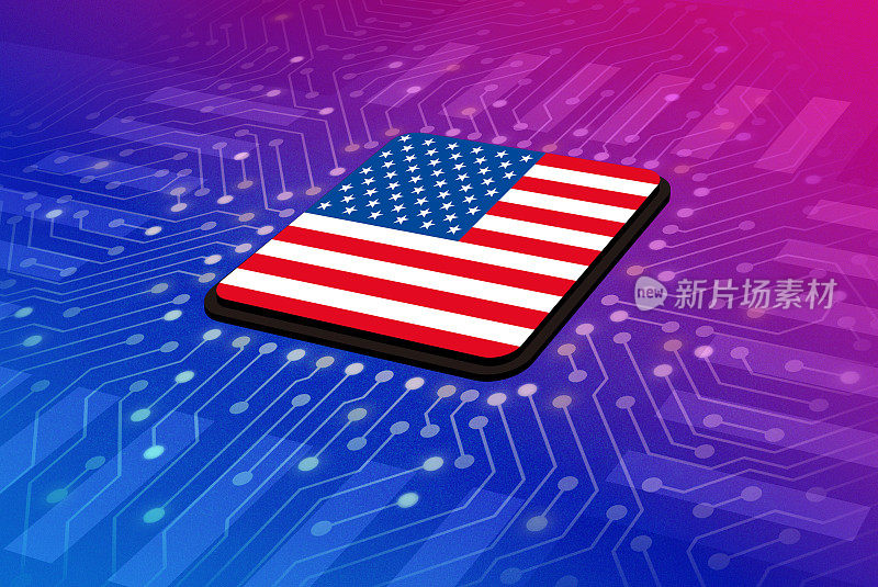 美国国旗在电路板中心，人工智能数字矢量插图