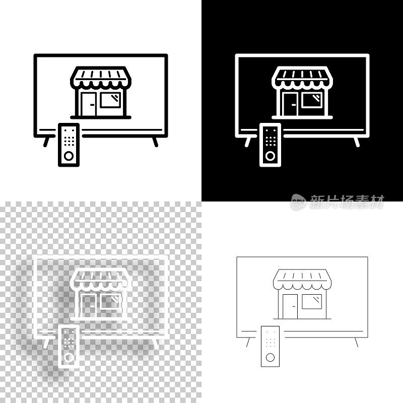 电视在线购物。图标设计。空白，白色和黑色背景-线图标