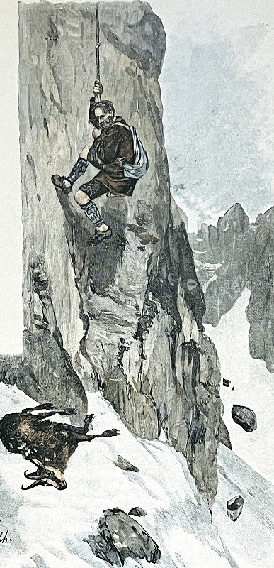 在高山上打猎，猎人爬下山坡去找一只死鹿