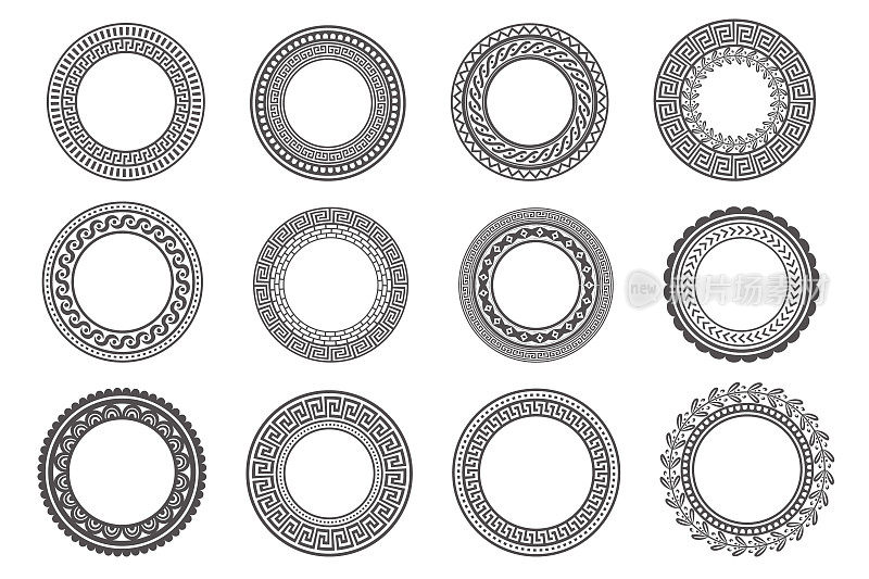 圆希腊帧。一轮曲流边界。装饰元素模式。矢量插图孤立在白色背景。