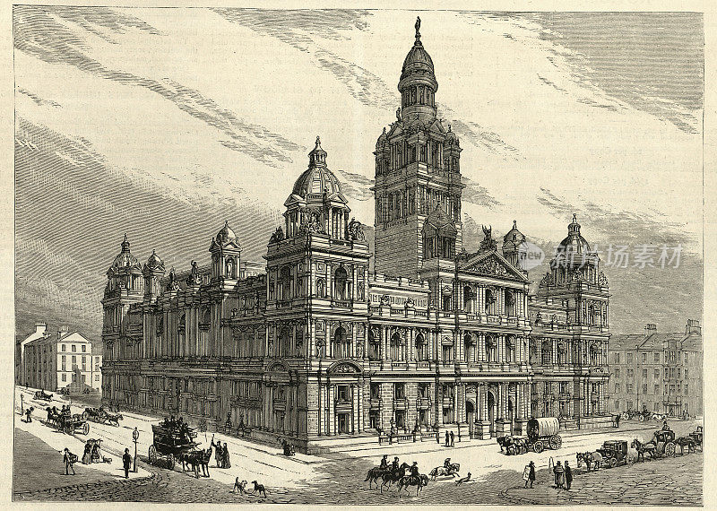 维多利亚式建筑，格拉斯哥城市大厦或市政建筑，乔治广场，格拉斯哥，苏格兰，19世纪
