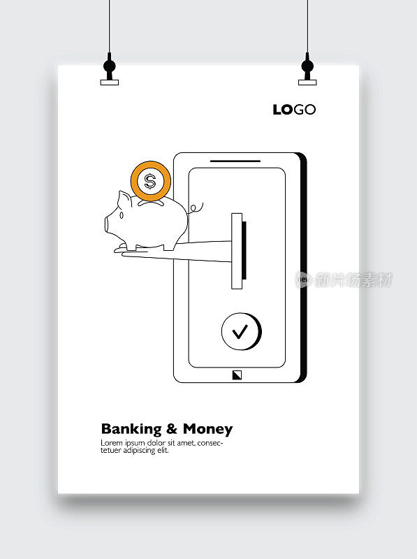 手从电话里伸出来，上面放着储蓄罐。银行和货币的重要性。可以在许多领域使用的草稿。