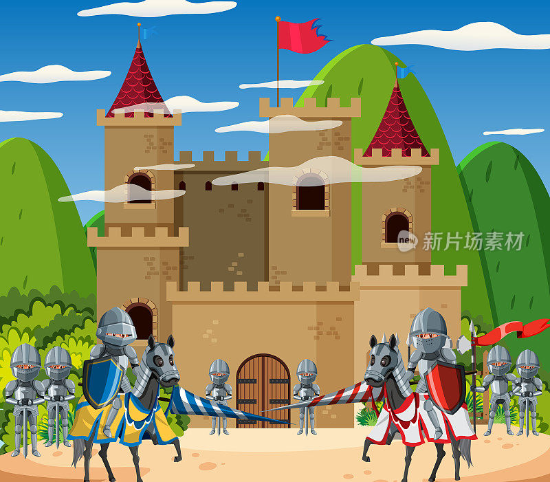 卡通风格的中世纪城堡场景和两支军队