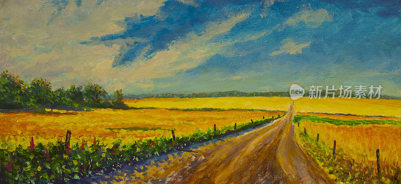 油画路上一片黄灿灿亮的麦田里长满了成熟的俄罗斯风景艺术
