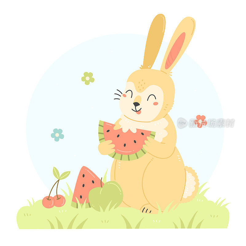 可爱的兔子和水果吃西瓜。卡通扁平风格的兔子角色。矢量夏日儿童插画。