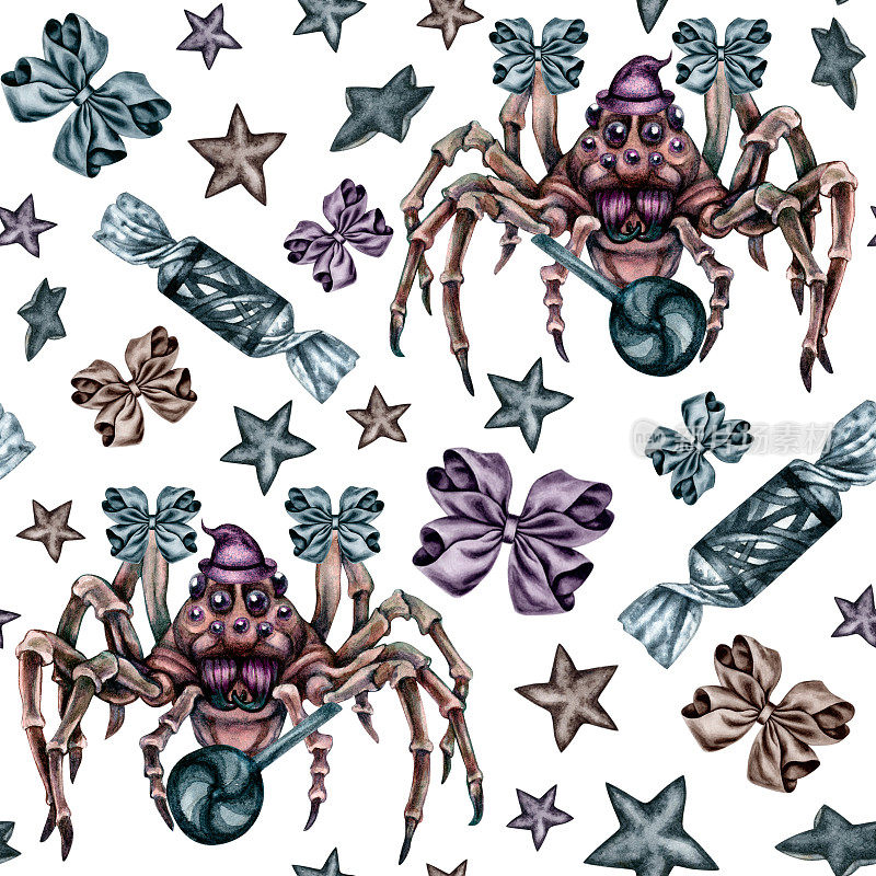 水彩无缝图案与有趣的蜘蛛，糖果和星星的万圣节。