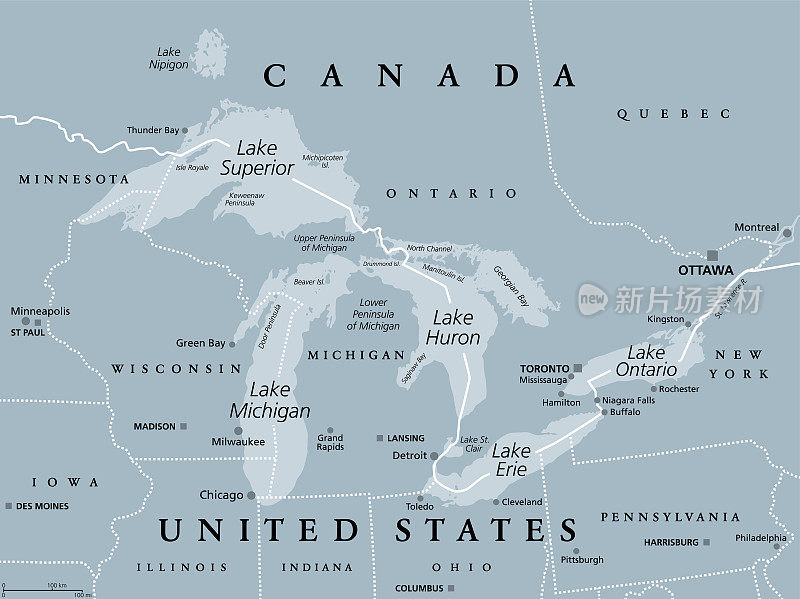 北美五大湖，淡水湖，灰色政治地图