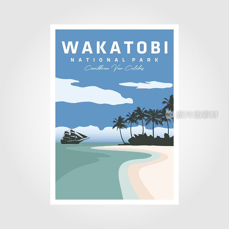 Wakatobi国家公园海报矢量插图设计。加勒比van西里伯斯岛