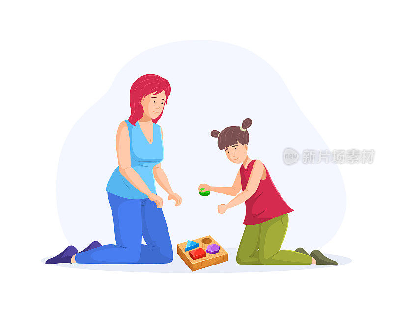 妈妈和女儿一起玩逻辑棋盘游戏。快乐的一家人在地板上收集木制拼图。母亲和女儿在一起玩教育游戏