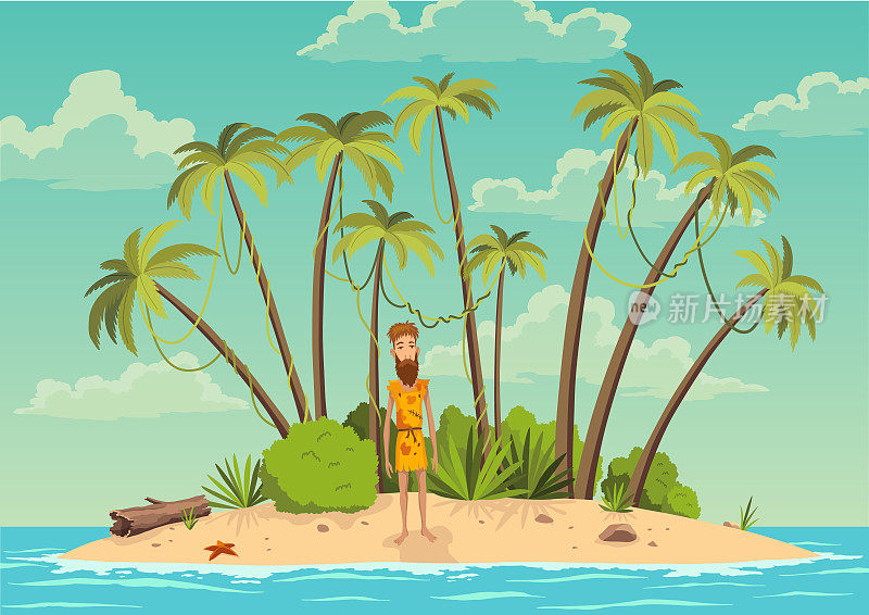 鲁宾逊岛。人类在海洋中的荒岛和棕榈树椰子树上。热带天堂景观，沙滩平面卡通矢量插图。遇难的人