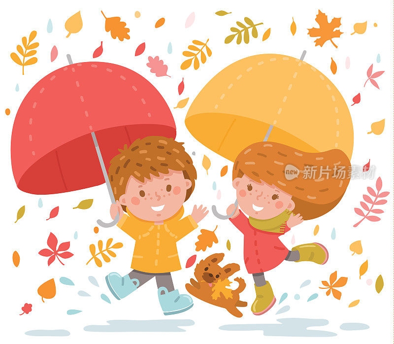 孩子和小狗在雨中欢快地跳跃，在秋叶中打着伞