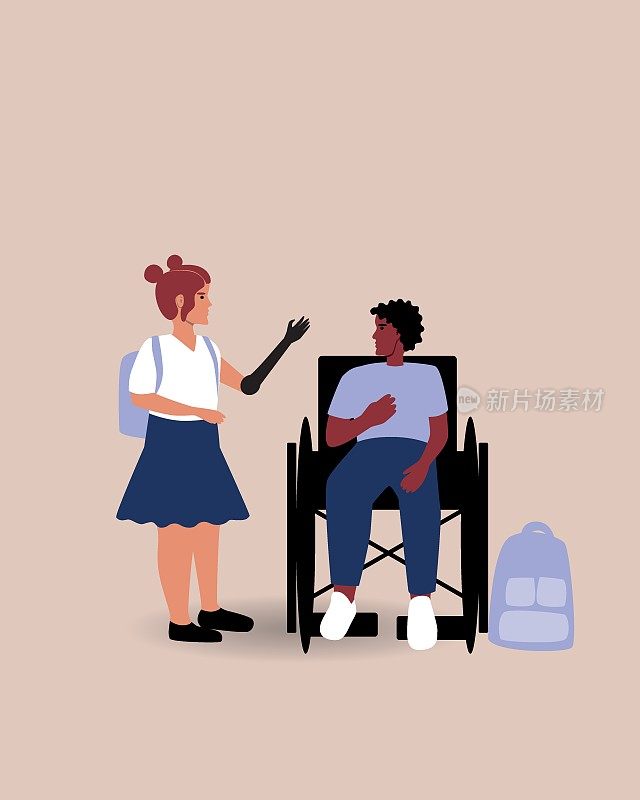 女孩假肢手臂和包容性的男孩在轮椅孤立，平面矢量库存插图与残疾学童与书包