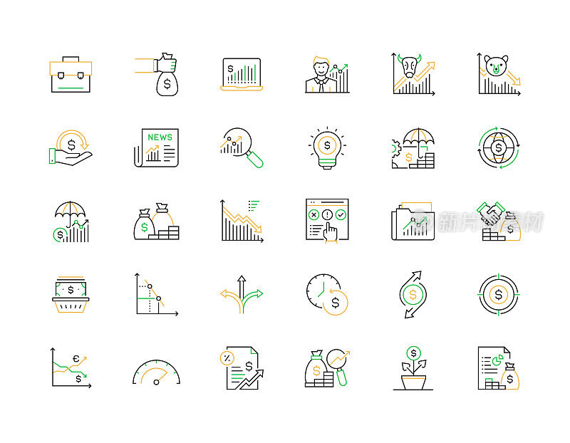 投资相关矢量线图标。大纲符号集合