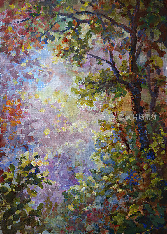 阳光明媚的秋日森林里，印象派的画风