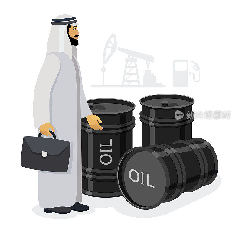 阿拉伯商人。石油桶。