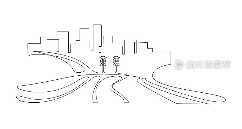 以高速公路为背景的城市空间。连续的线条画。矢量插图。