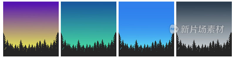 无缝森林与北极光在山上。松树和云杉户外地平线横幅渐变背景。矢量图