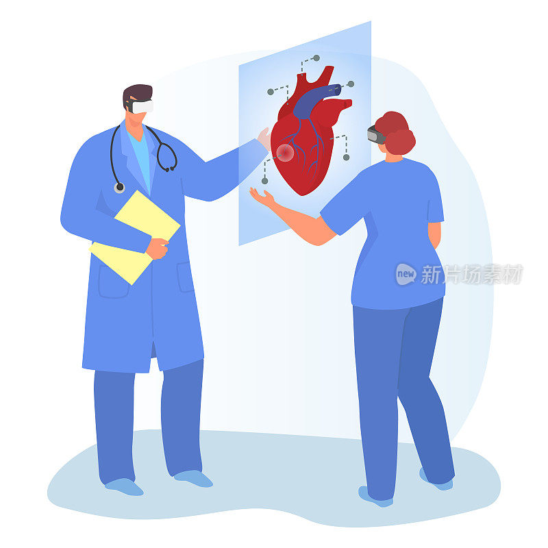 现代医疗设备，虚拟现实治疗技术，医生一起研究人类心脏卡通矢量插画，隔离在白色。