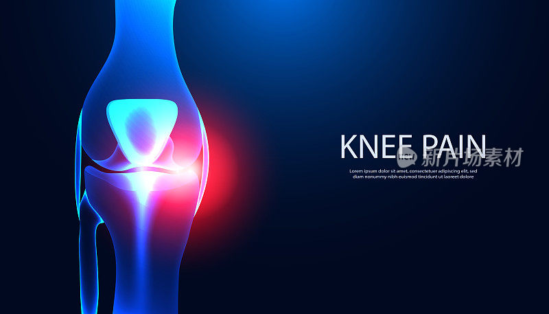 骨、膝关节解剖x线模型显示膝关节损伤伴红光。用于插入文本、文章或模板