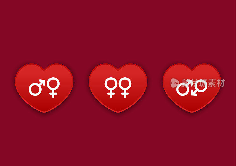 红心上的性别符号。性别符号标志标志标志。情人节的标志。