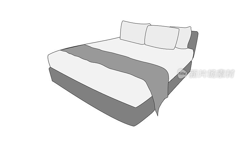 双人床，枕头，床垫，矢量线插画