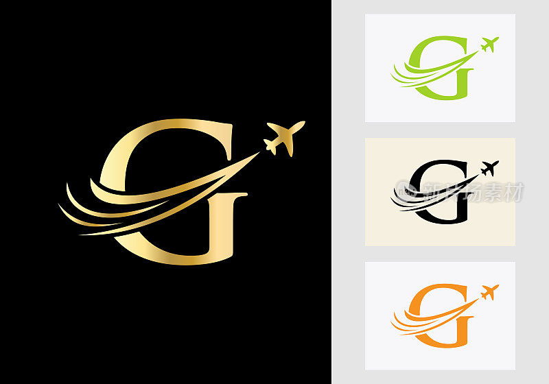 字母G旅行标志概念与飞行的飞机符号