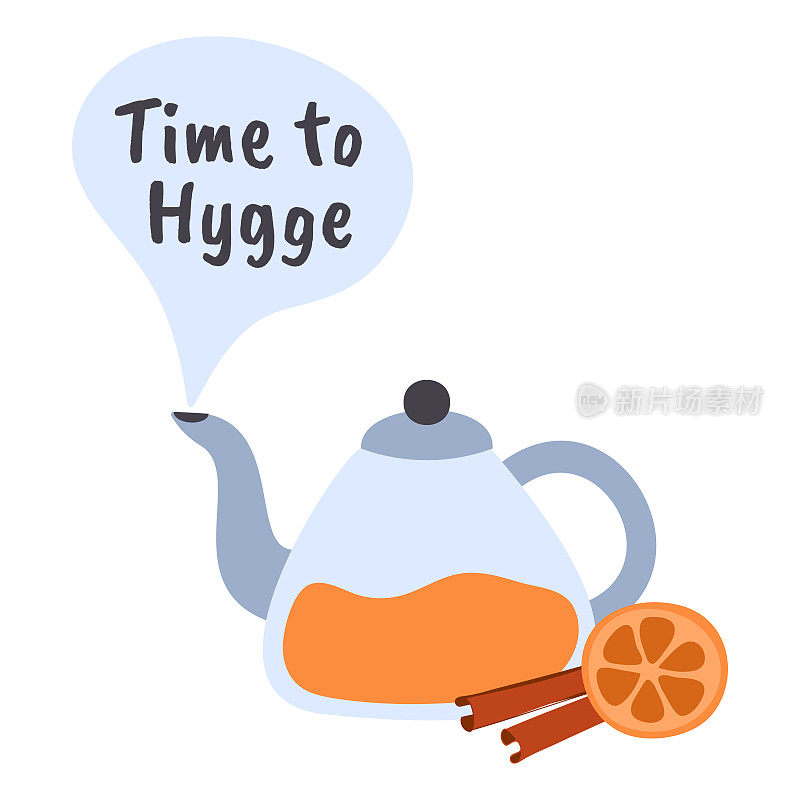 一个舒适的茶壶的插图，一块橘子和肉桂棒。Hygge时间到了。热红茶加蒸汽