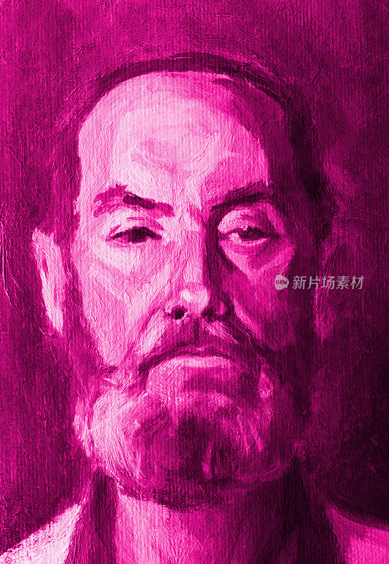 紫色背景上留着胡子的老人的插图油画肖像