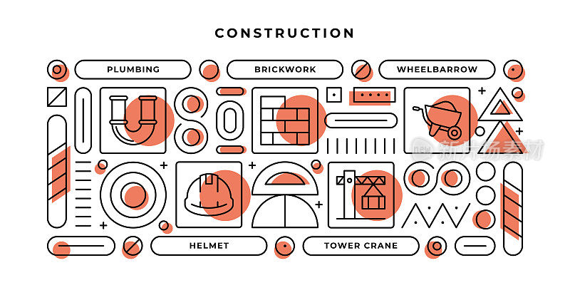建筑信息图概念与几何形状和管道,砌砖,头盔,塔式起重机线图标