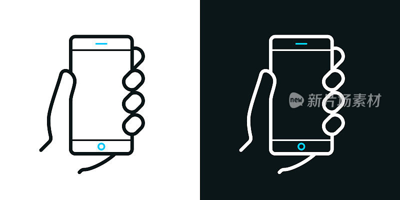 手握手机。黑色或白色背景上的双色线条图标-可编辑笔触
