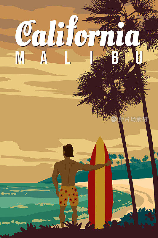 复古加州马里布海滩复古旅游海报矢量
