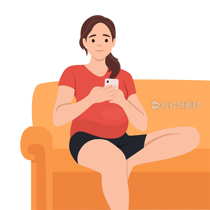 矢量插图的孕妇使用智能手机在房间里坐在沙发上