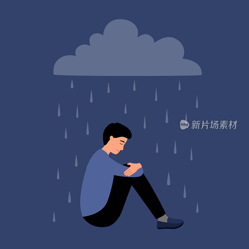 忧郁的人抱着膝盖坐在雨云之下。扁平设计的可悲家伙。不开心的感觉。