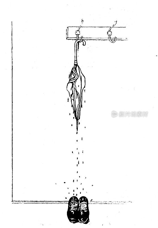 挂在衣架上的雨伞把最后的雨滴滴进了鞋里