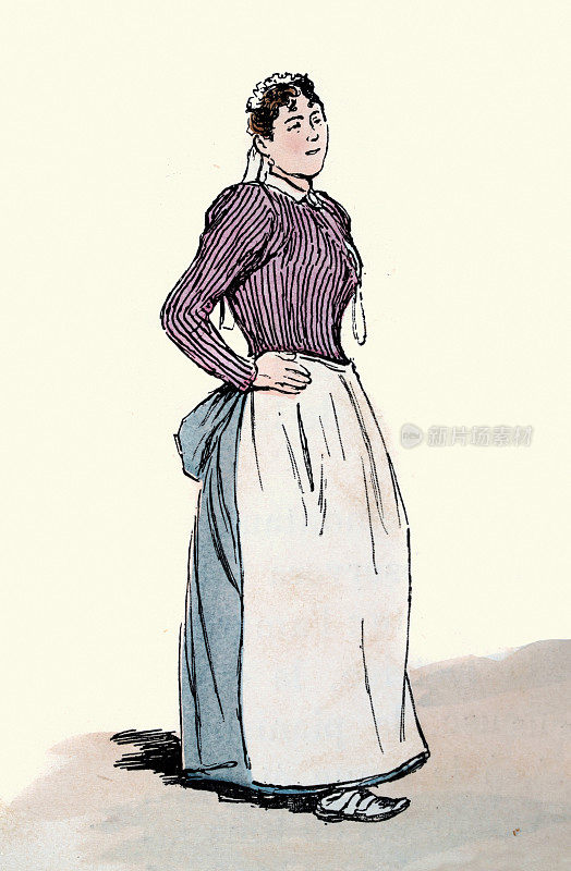 巴黎时尚年轻女子，围裙，蓝色裙子，紫色衬衫，维多利亚式法国时尚，19世纪，19世纪